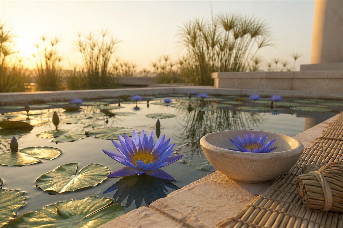 Blue water lilies with cleft pads in a reconstructed ancient Egyptian marsh pool at dawn