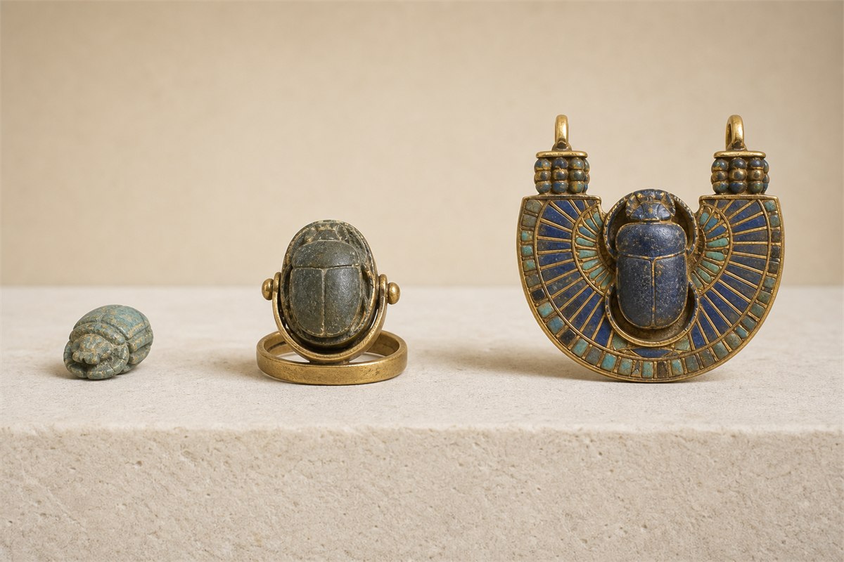 Small faience amulet, swivel scarab ring, and elaborate gold-and-blue scarab pectoral on limestone.
