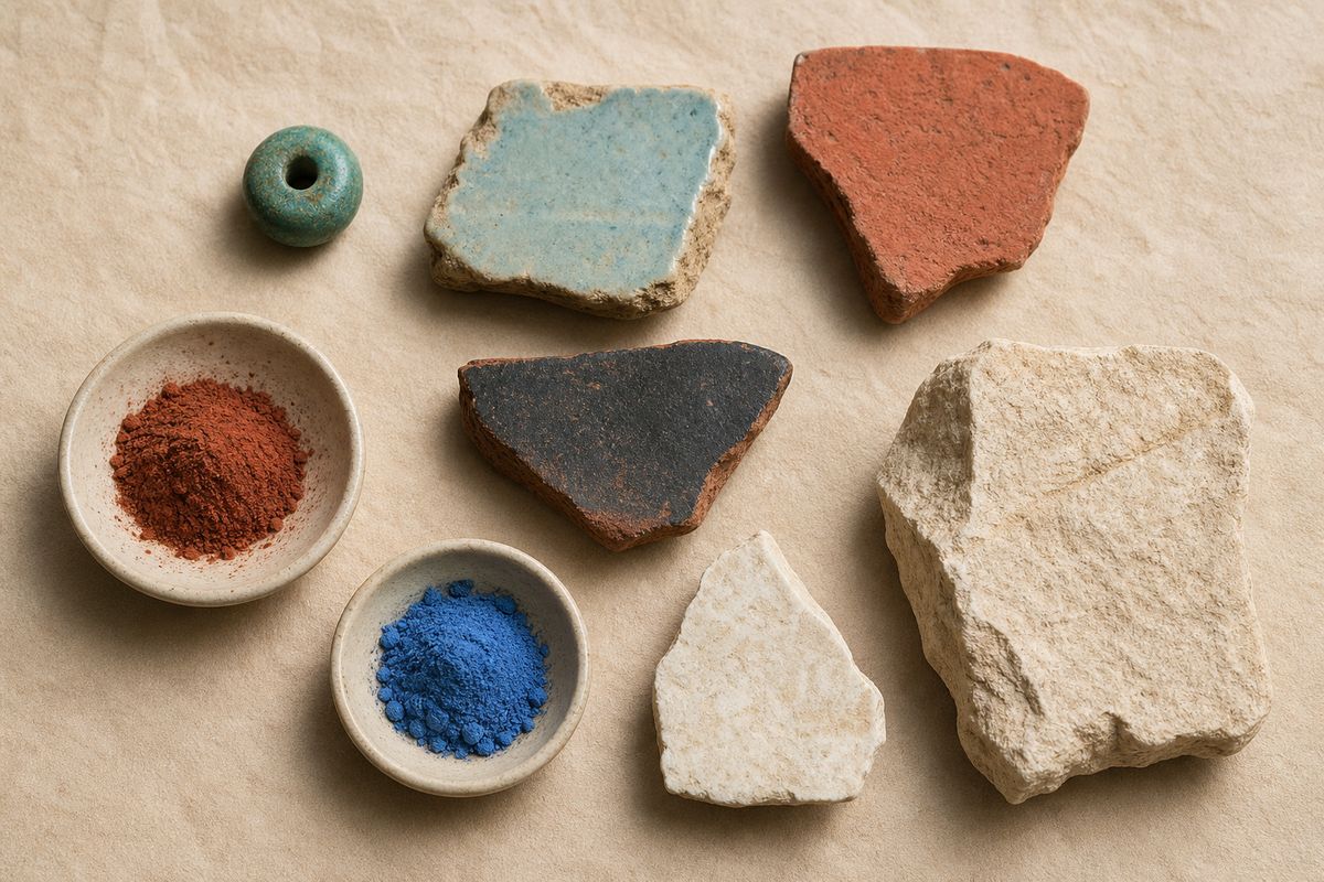 Faience, pottery sherds, marl, limestone, ochre, and Egyptian blue pigment arranged as material samples