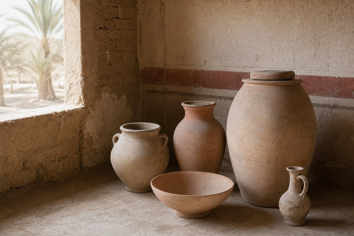Ancient Egyptian clay jars and bowls arranged for storage, water, drink, and food preparation