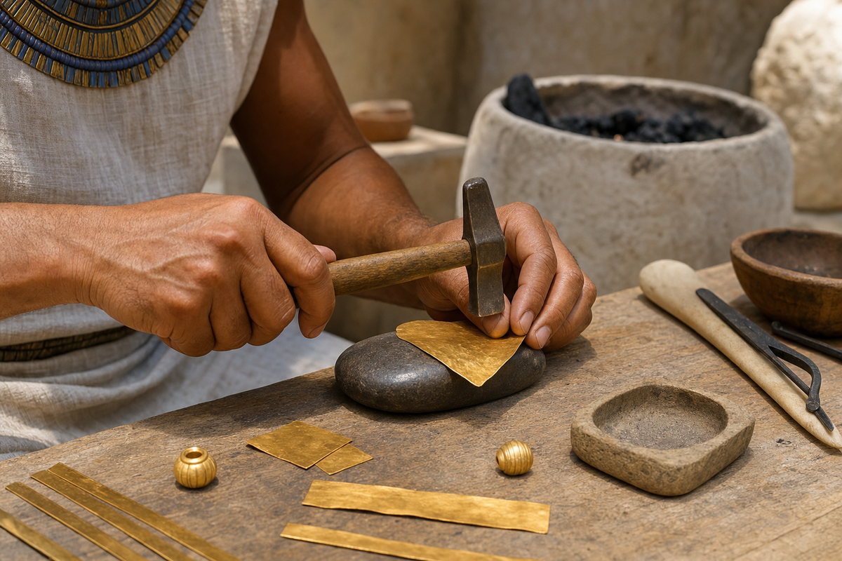 Ancient Egyptian goldsmith hammering thin gold sheet beside small cast beads and a stone mold