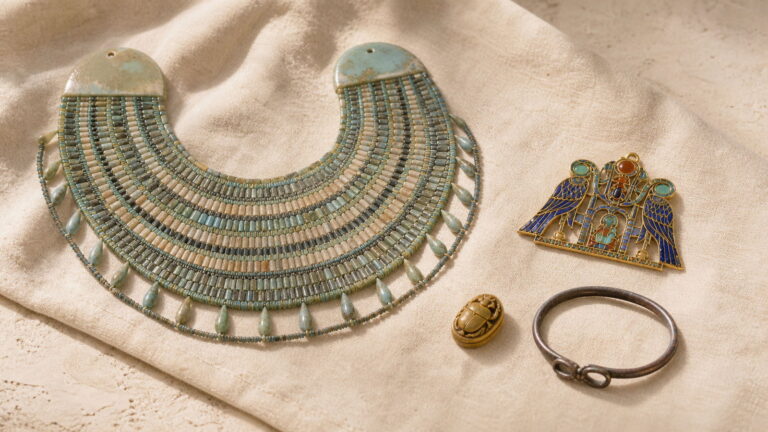 Ancient Egyptian broad collar, gold inlay pectoral, scarab, and copper-alloy bracelet on ivory linen