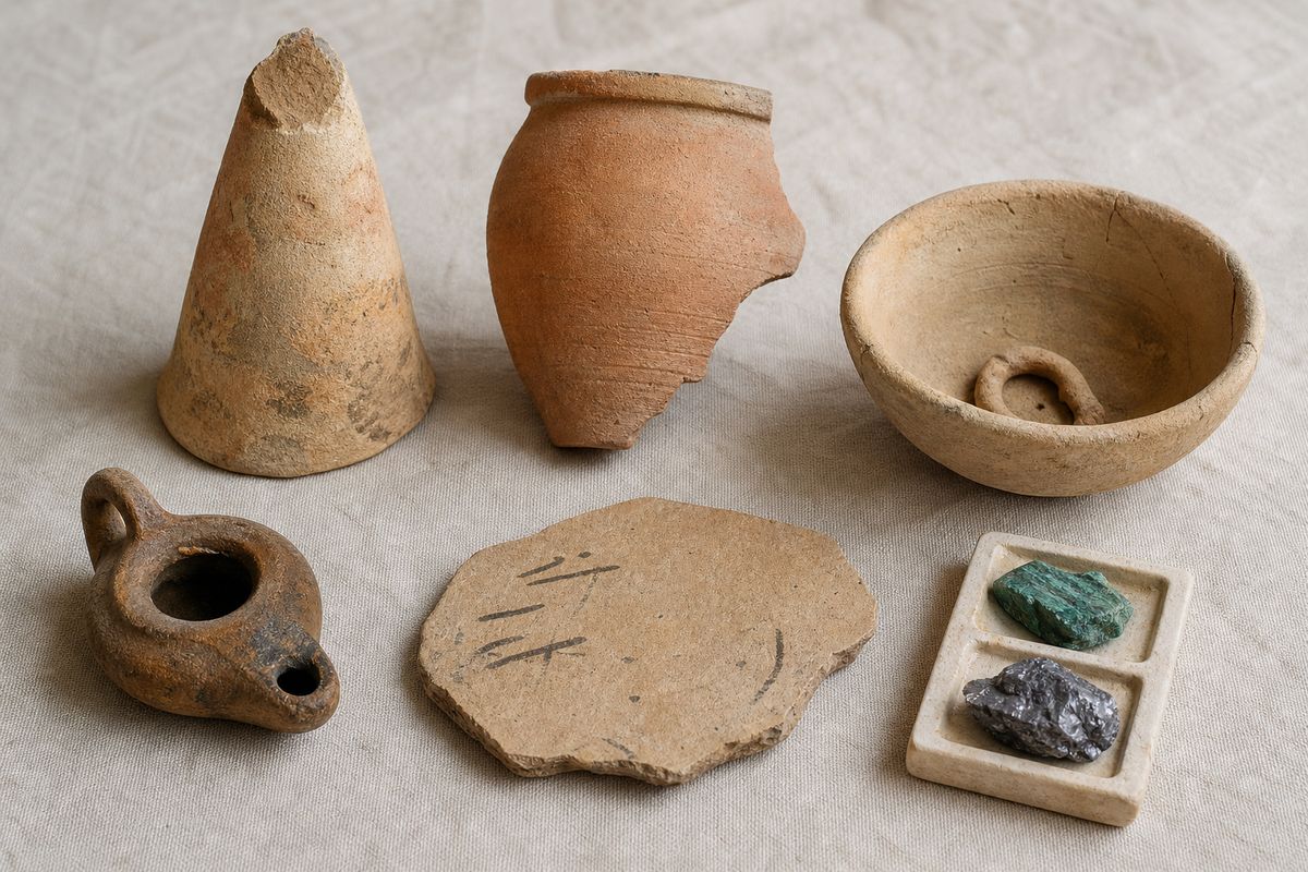 Bread mould, beer vessel fragment, lamp, spinning bowl, ostracon, and cosmetic minerals