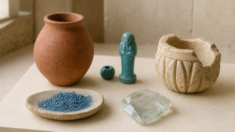 Clay pottery, Egyptian faience, Egyptian blue pigment, glass, and stone shown as distinct ancient materials
