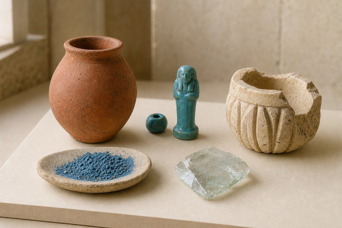 Clay pottery, Egyptian faience, Egyptian blue pigment, glass, and stone shown as distinct ancient materials