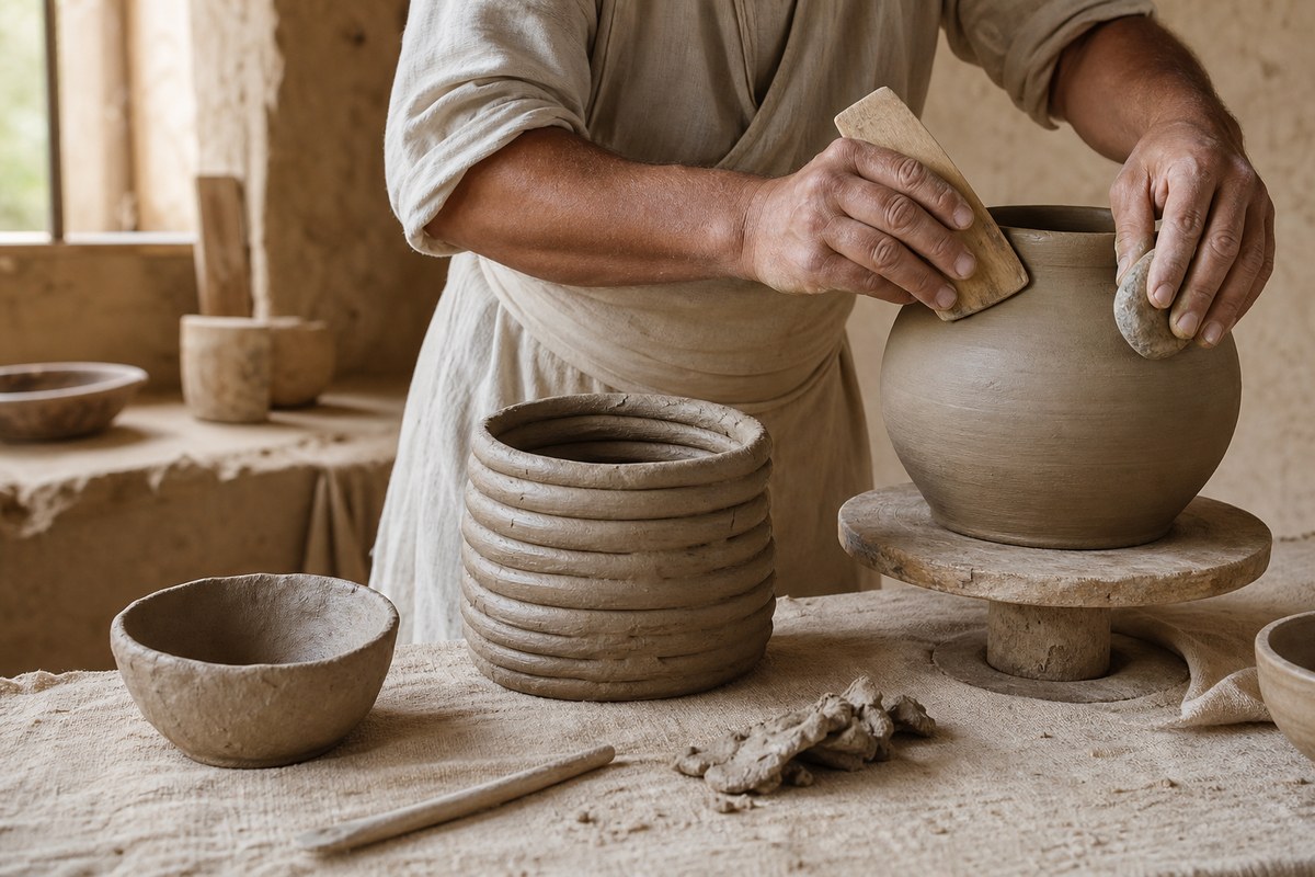 Hand-building stages with a pinched bowl, coiled vessel, simple rotating support, and pottery tools