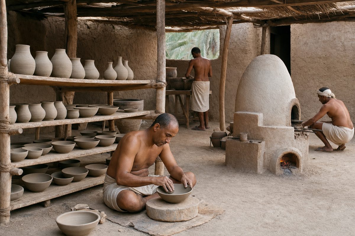 Pottery workshop with drying vessels, burnishing, and a small ancient updraft kiln