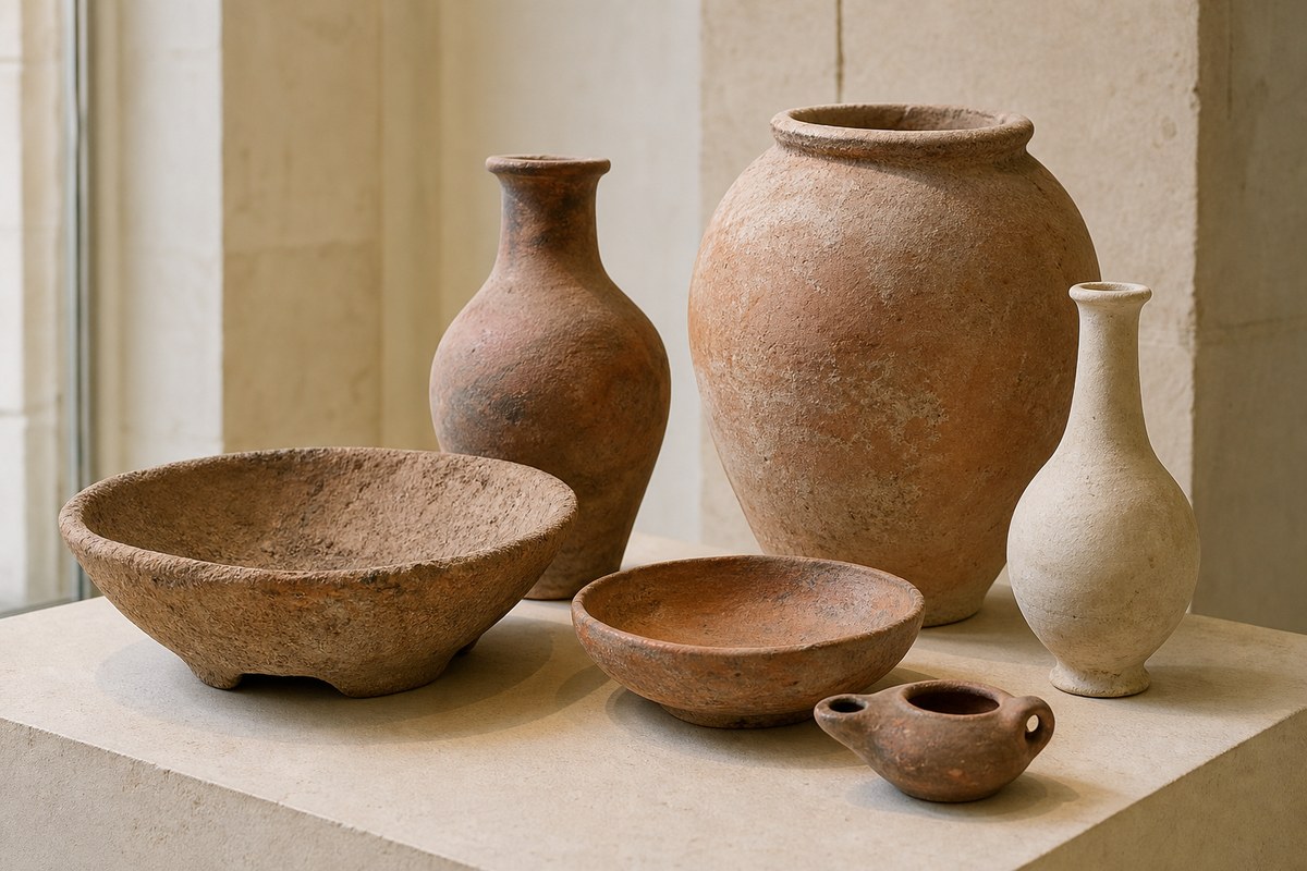 Group of ancient Egyptian clay pottery forms including jars, bowls, a bread mould, and a lamp