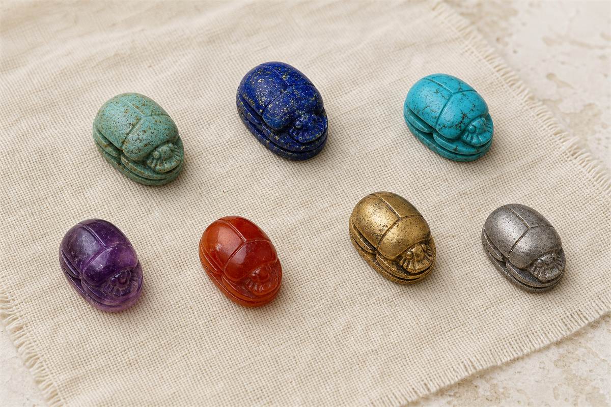 Seven scarab amulets in faience, lapis lazuli, turquoise, amethyst, carnelian, gold, and silver.