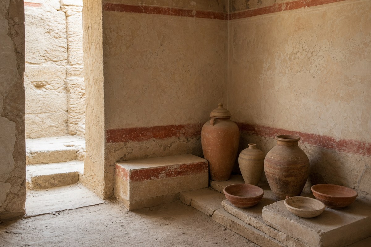 Clay jars and bowls arranged as offerings in a simple ancient Egyptian burial context
