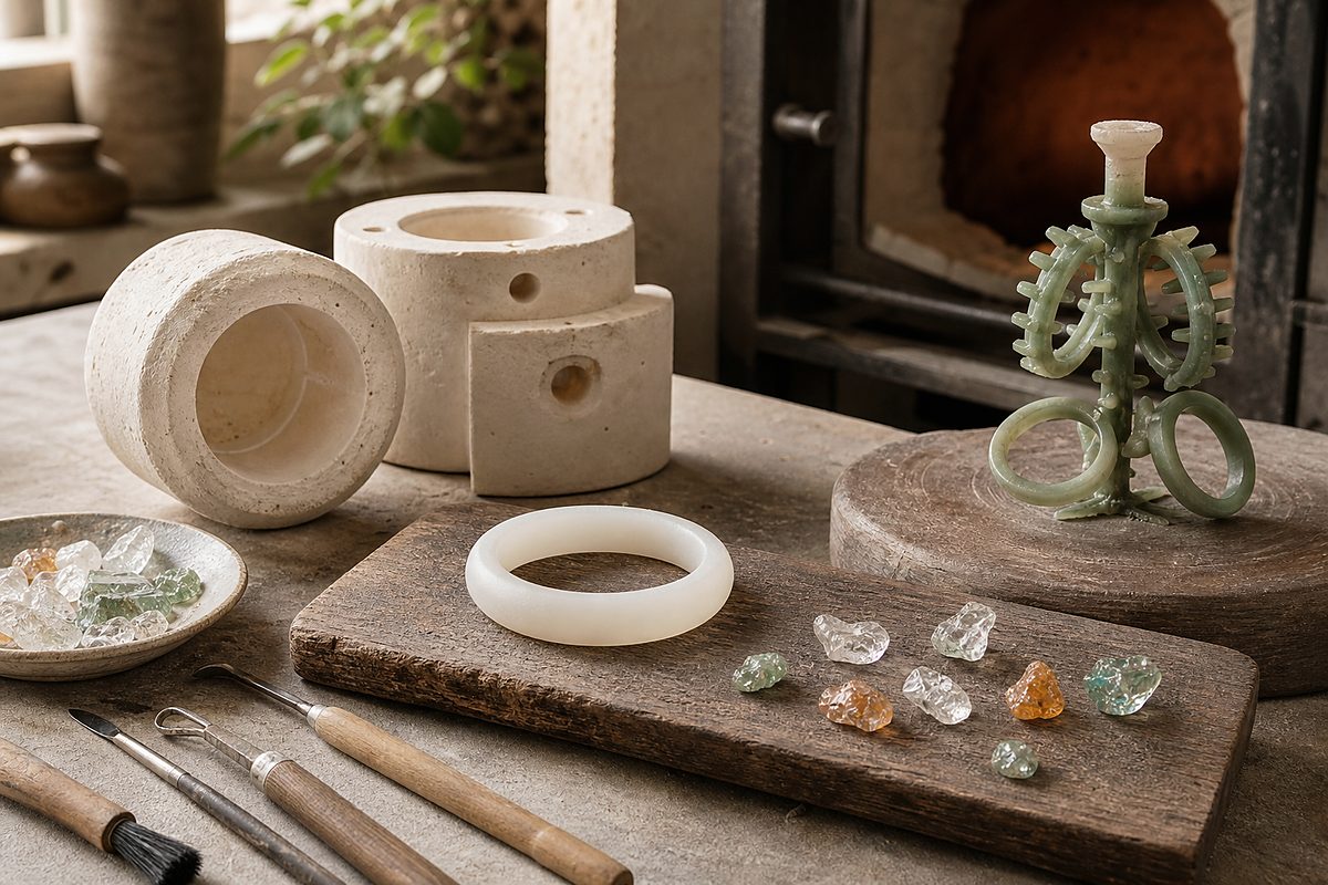 Wax bangle model, plaster mold pieces, hand tools, and Liuli glass fragments on a neutral workbench