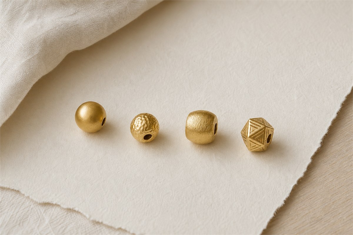 Matte hammered, satin brushed and faceted yellow-gold beads in a close material study