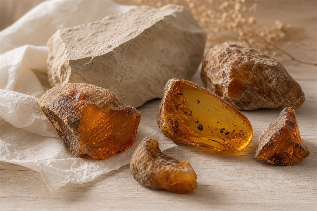 Raw and polished amber pieces beside pale sedimentary rock and archival tissue.