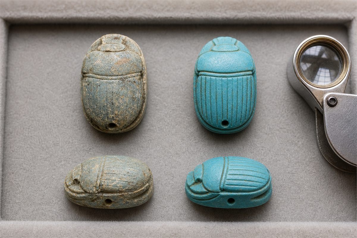 Worn pale glazed scarab and clean blue modern replica shown from top and side beside a loupe