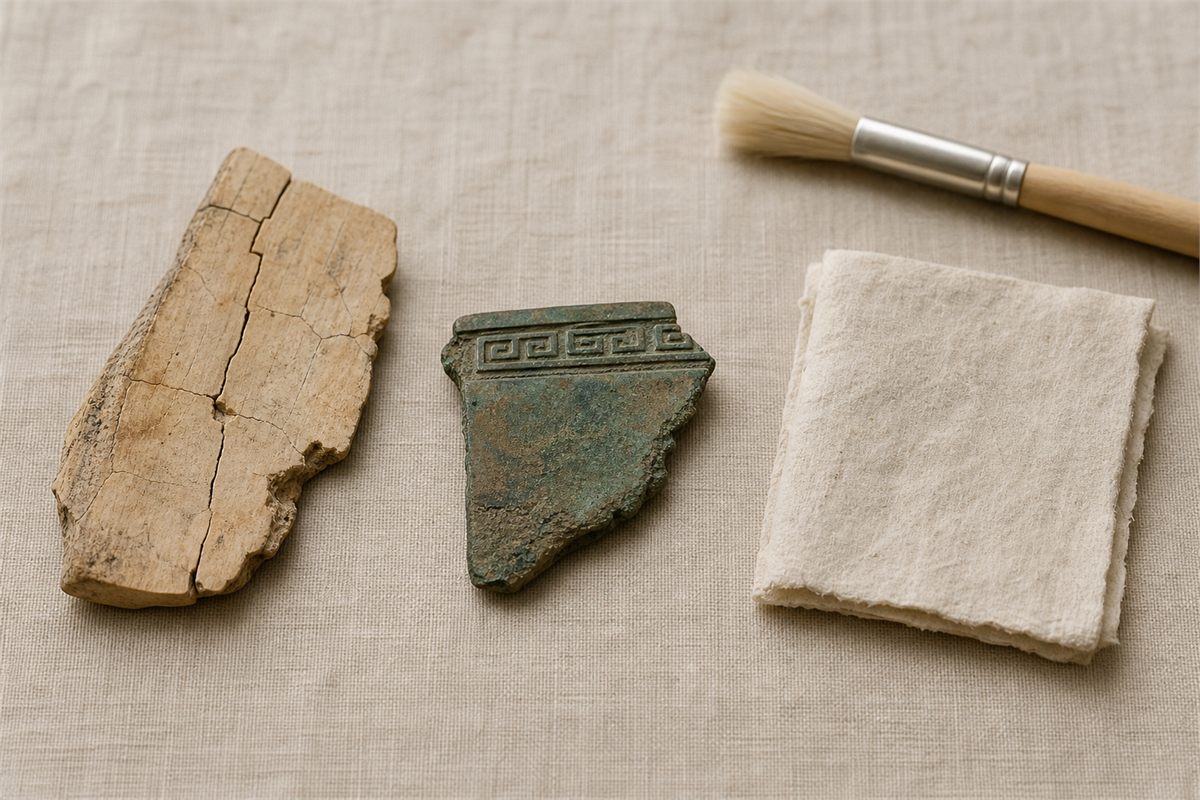 Uninscribed oracle bone, bronze vessel fragment, brush, and blank paper arranged as stages of early Chinese writing