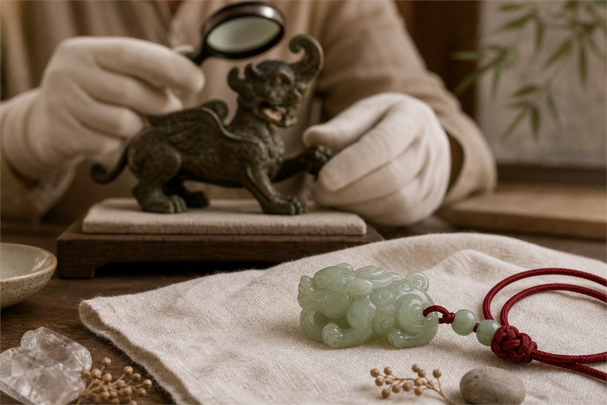 Conservator studies a bronze winged beast behind a modern jade Pixiu pendant on linen
