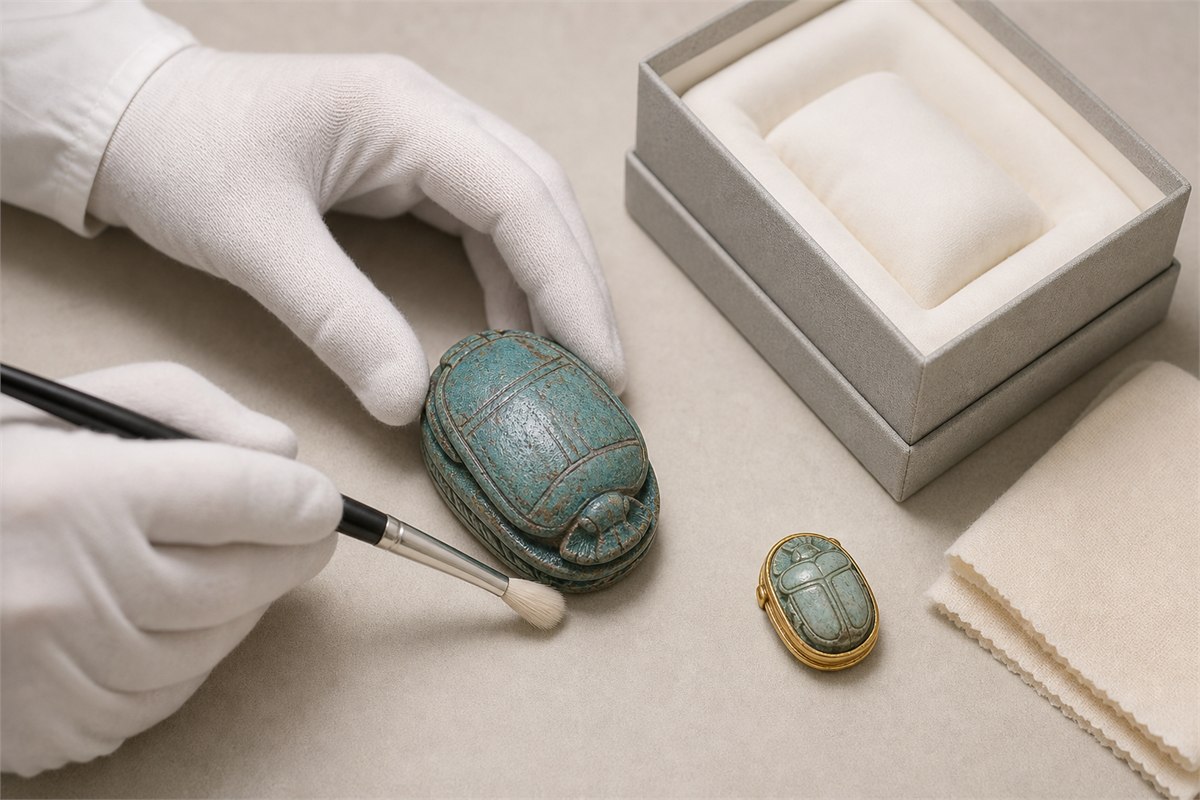 Gloved hands, a soft dry brush, blue-green scarab, lined box, and separate modern setting.