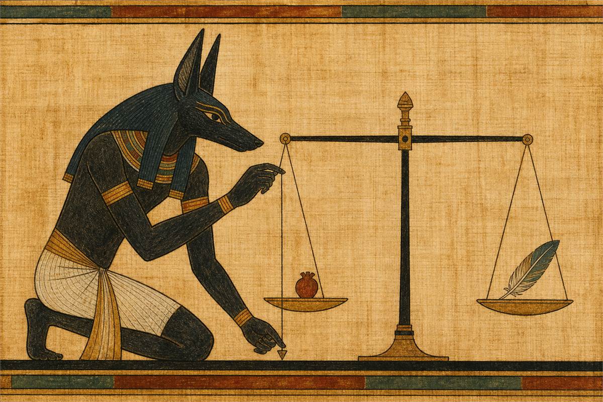 Papyrus-style educational detail of Anubis checking an ancient Egyptian balance with a heart and Ma’at feather on opposite pans