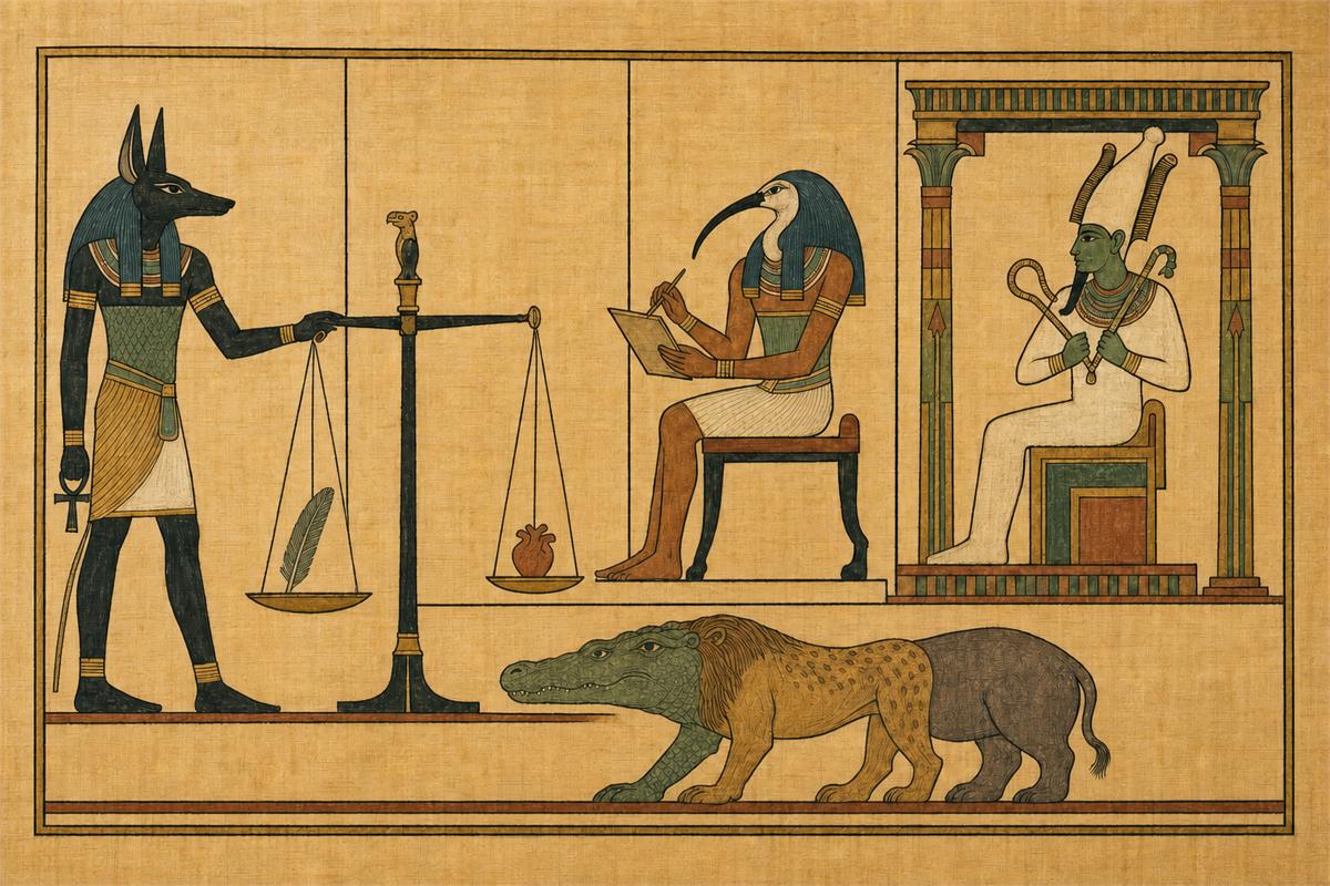 Papyrus-style role study with Anubis at the balance, ibis-headed Thoth recording, enthroned Osiris, and composite Ammit waiting below