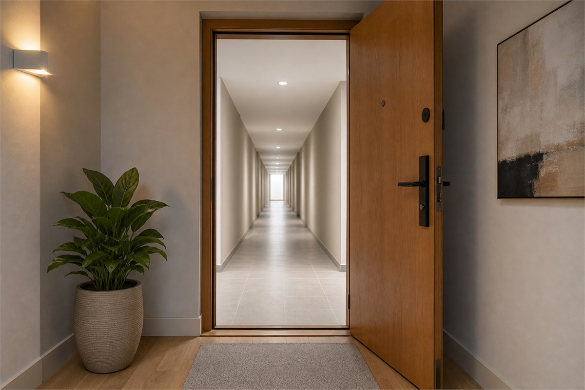 Open apartment door facing a clean long corridor while a grounded mat, warm light, and plant remain safely inside