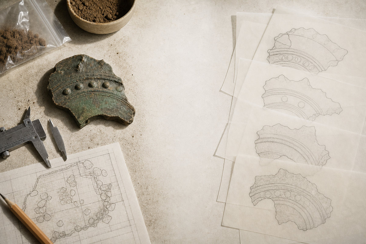 Measured bronze fragment beside excavation records and several translucent reconstruction overlays