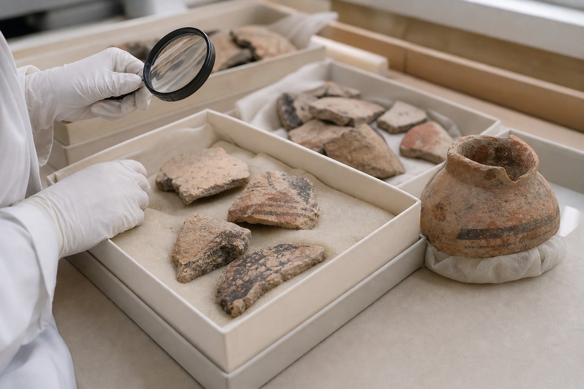 Pottery sherds with residue, wear, soot, breaks, and soil traces examined in a conservation lab