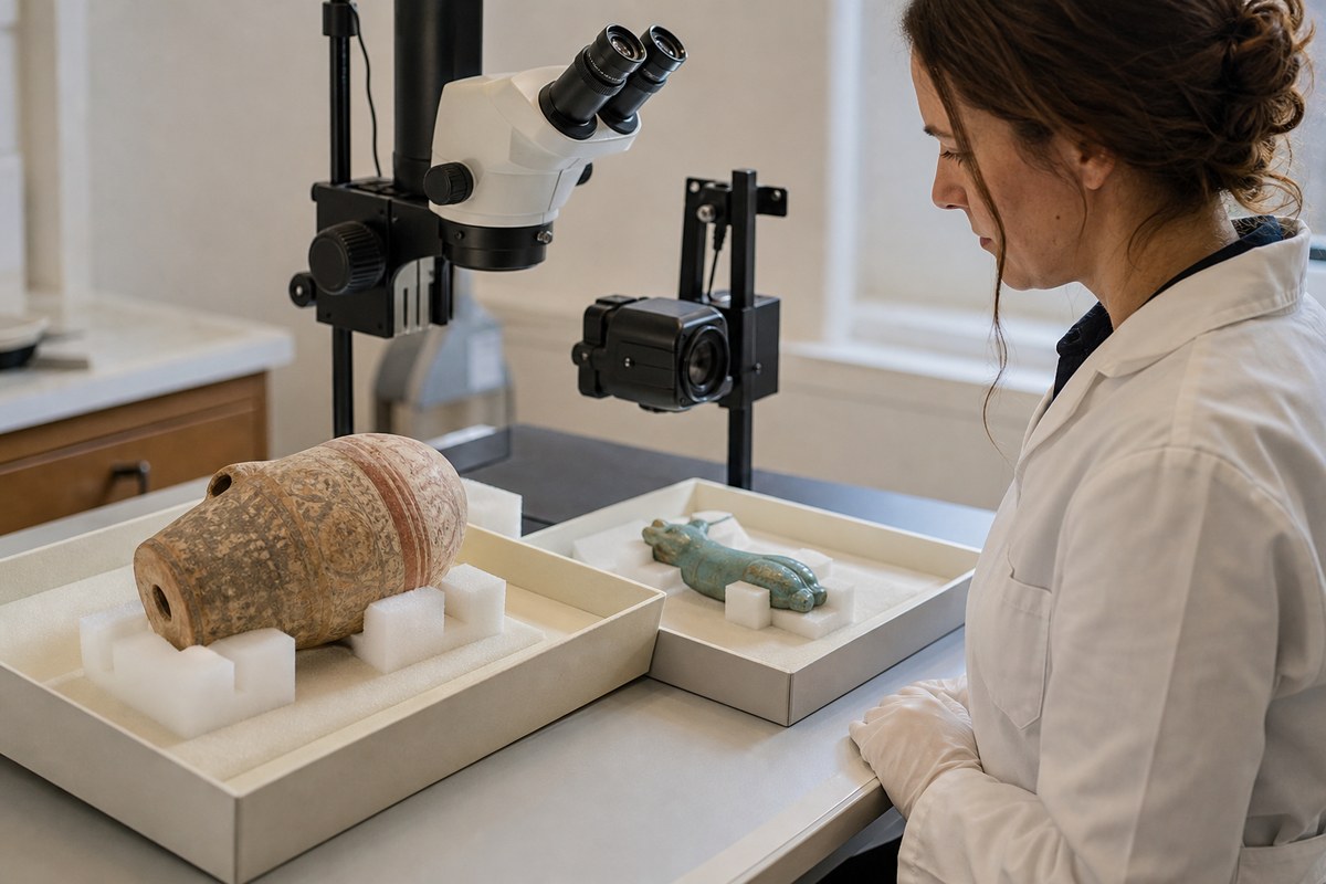 Ancient pottery and faience supported in inert cradles during professional condition assessment