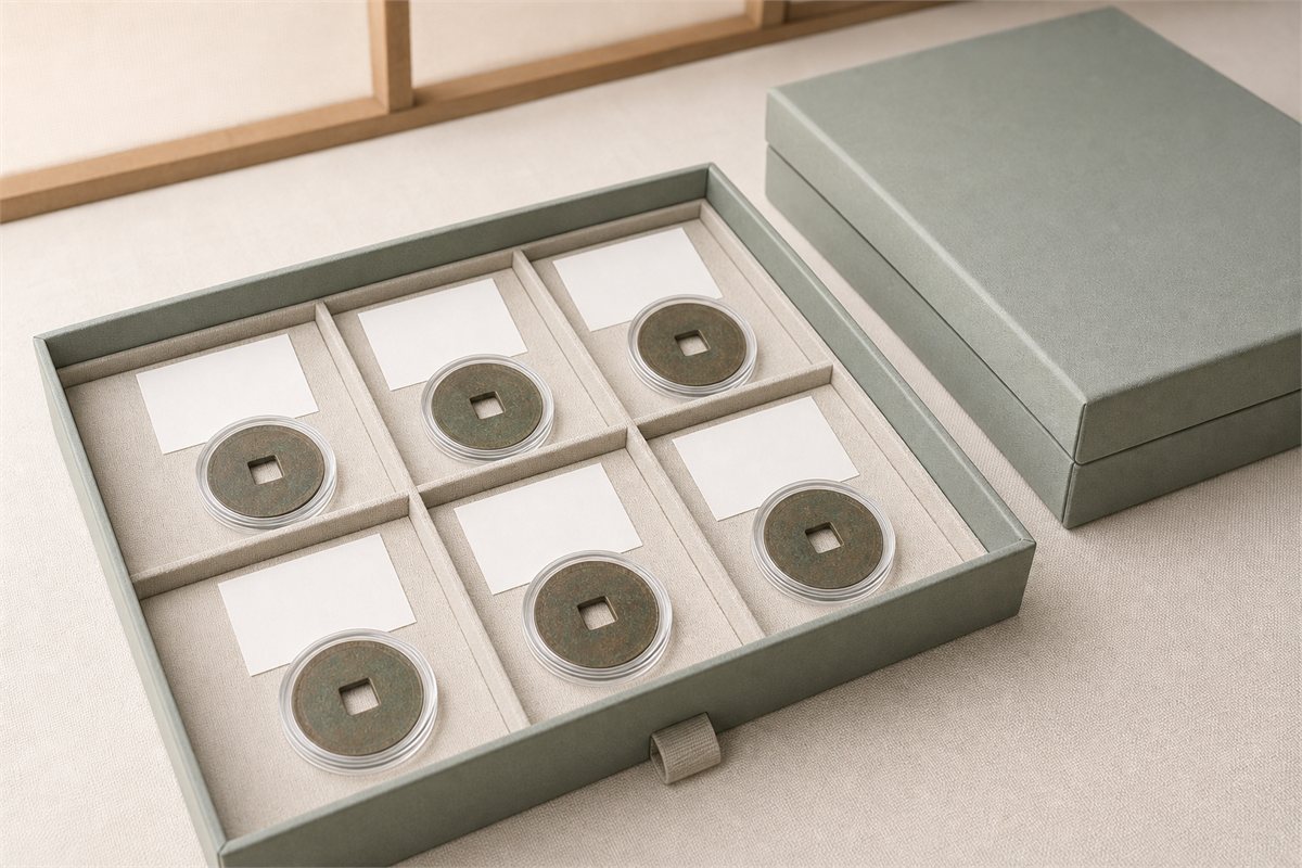 Six blank square-holed study discs stored separately in inert capsules with acid-free cards