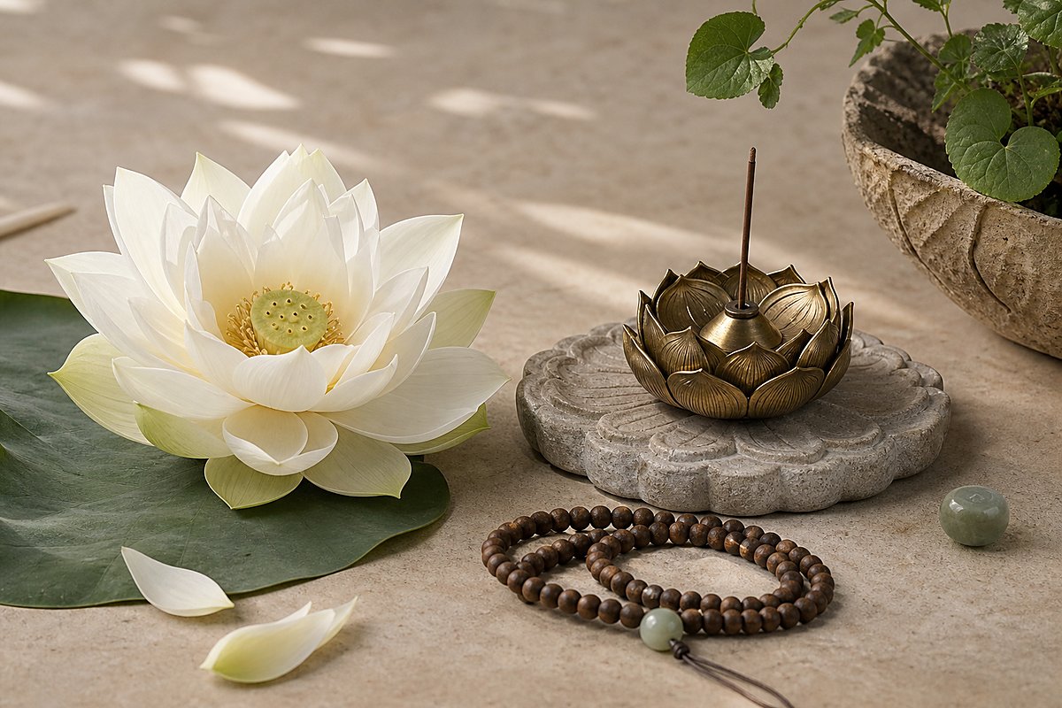 White lotus with prayer beads, lotus-shaped brass holder, and muted jade bead for Buddhist lotus meaning