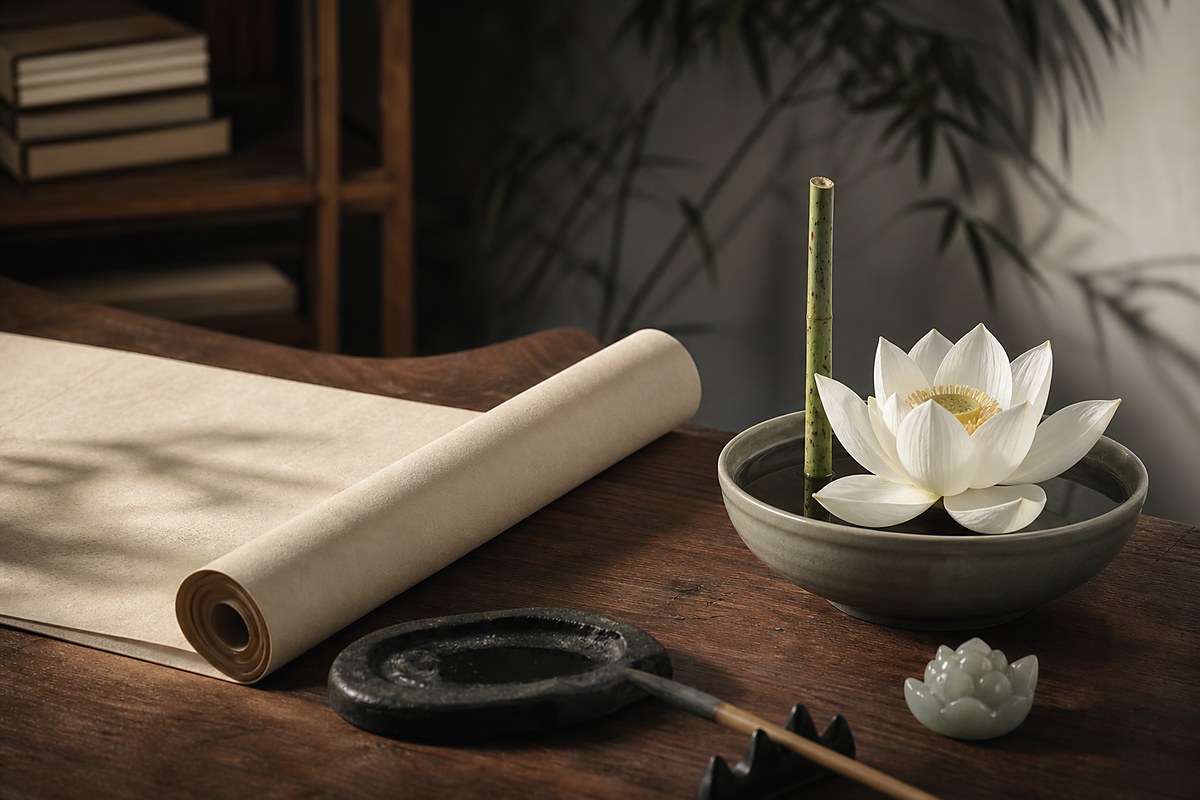White lotus in a ceramic bowl with blank parchment, brush, ink stone, and jade lotus carving