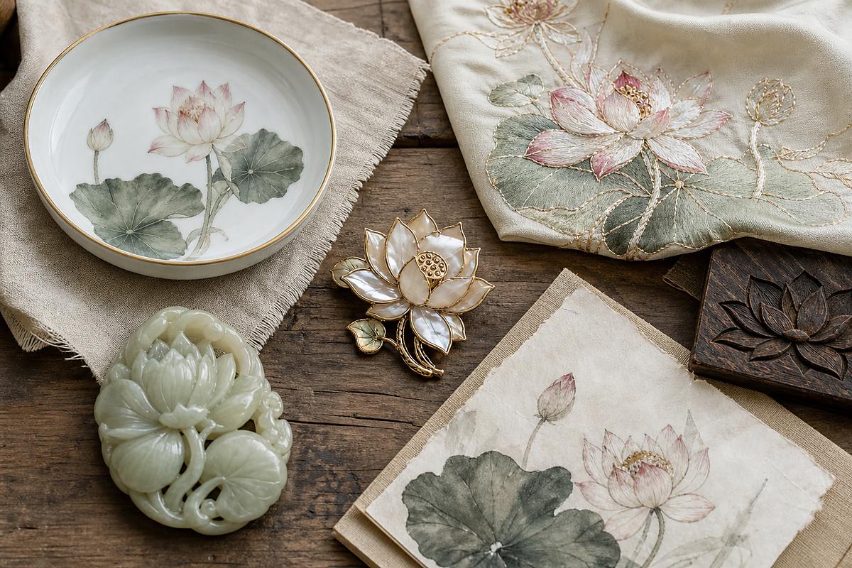 Lotus motifs on porcelain, embroidery, mother-of-pearl brooch, jade carving, and ink painting