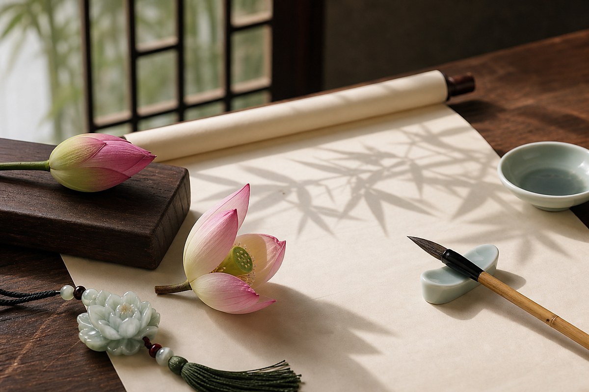 Lotus bud, half-open lotus blossom, brush, blank scroll, and jade lotus charm on a scholar desk