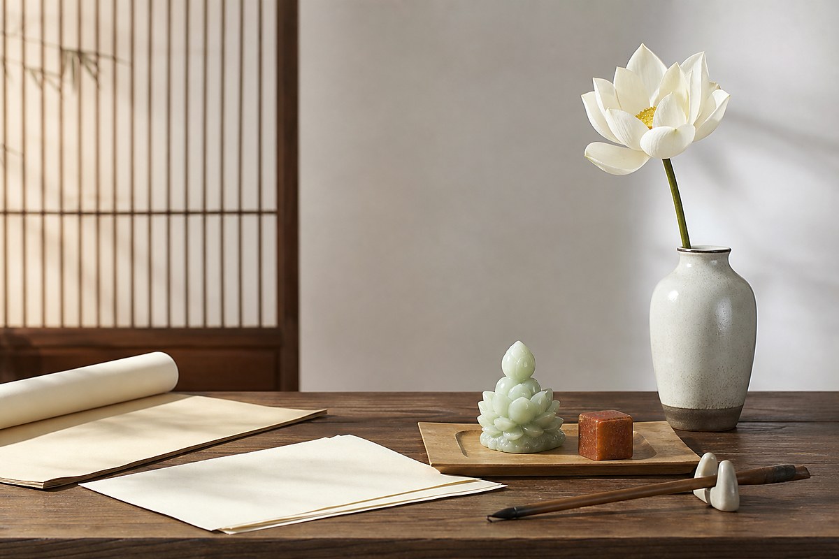 White lotus in a simple vase with brush, seal stone, blank documents, and jade lotus carving