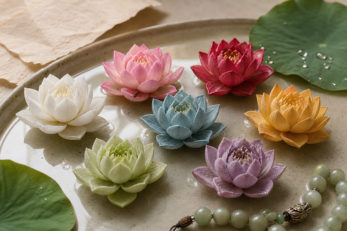 White, pink, red, blue-green, yellow, green, and muted purple lotus forms arranged on warm ivory