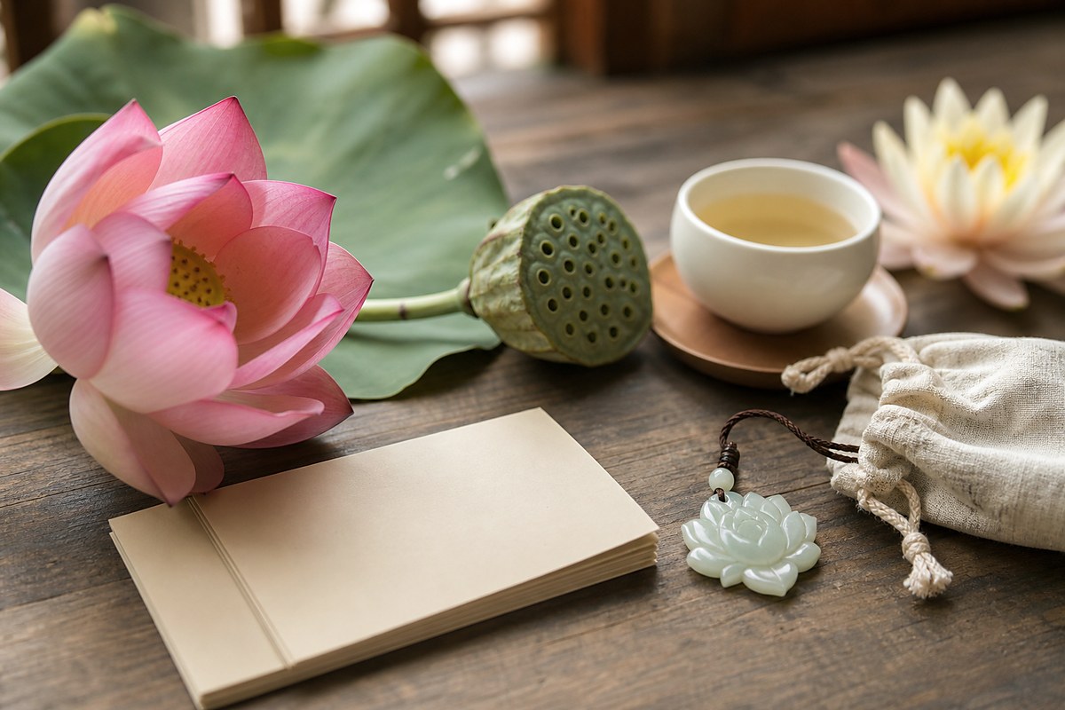 Lotus blossom, leaf, seed pod, jade pendant, water lily reference flower, and jewelry pouch for lotus meaning questions