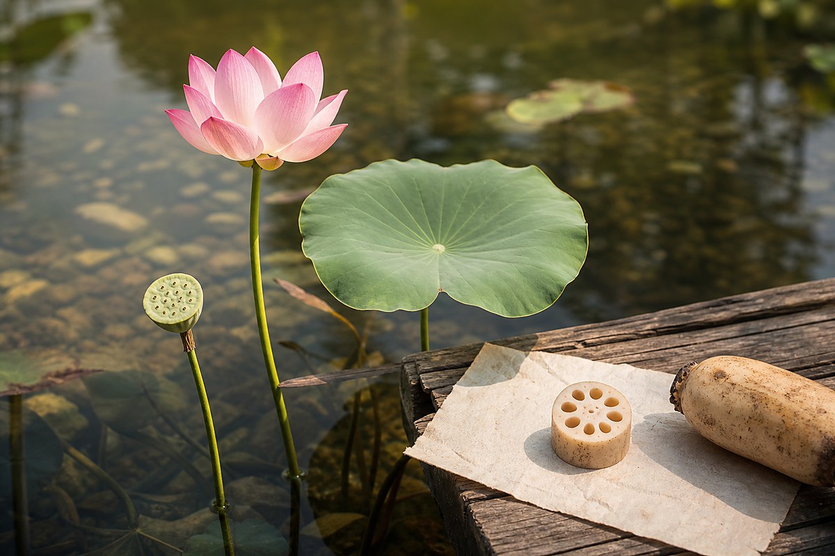 Lotus flower rising above water with round leaf, seed pod, upright stem, and lotus root slice