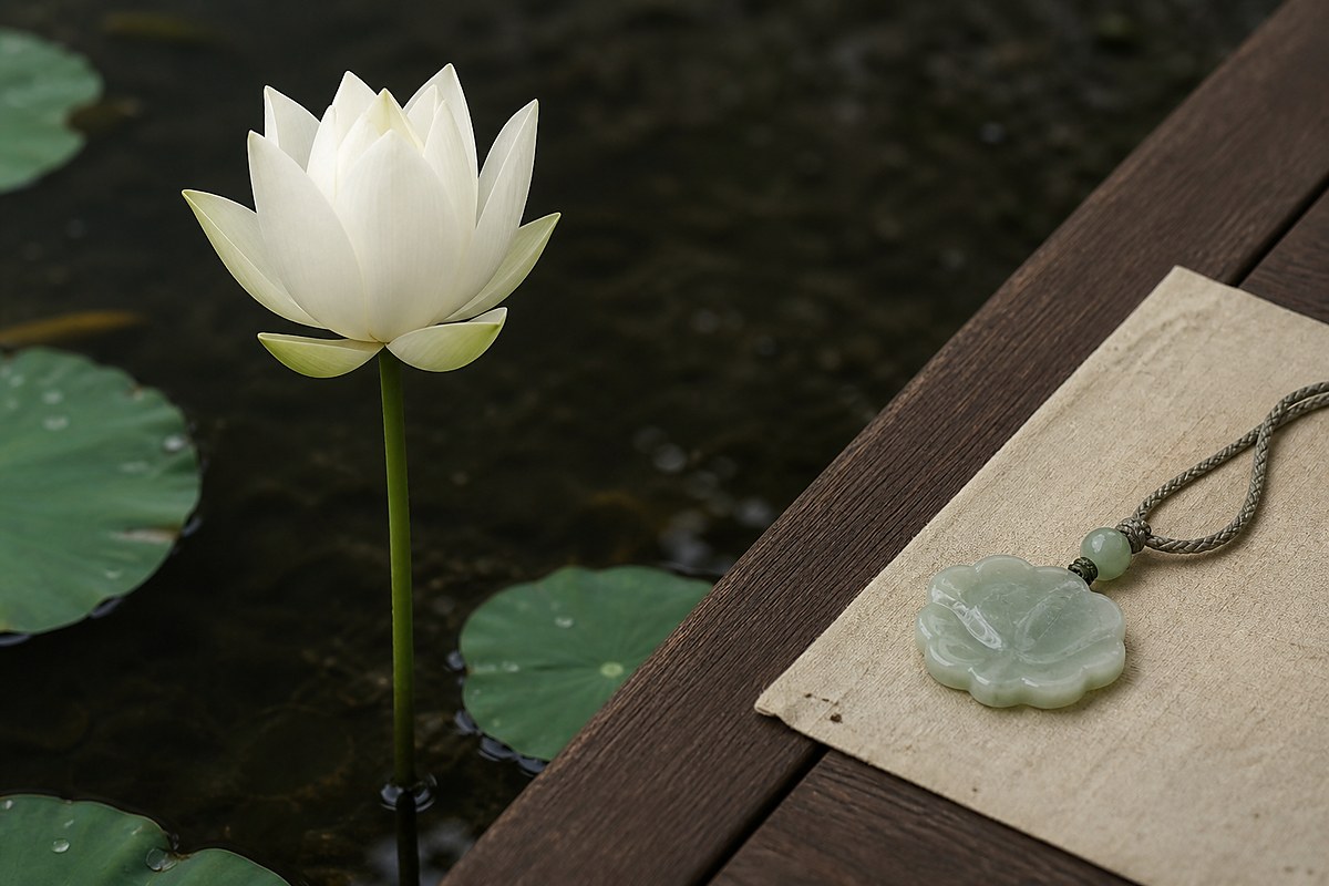 White lotus rising from muddy water with a straight stem and jade lotus pendant nearby