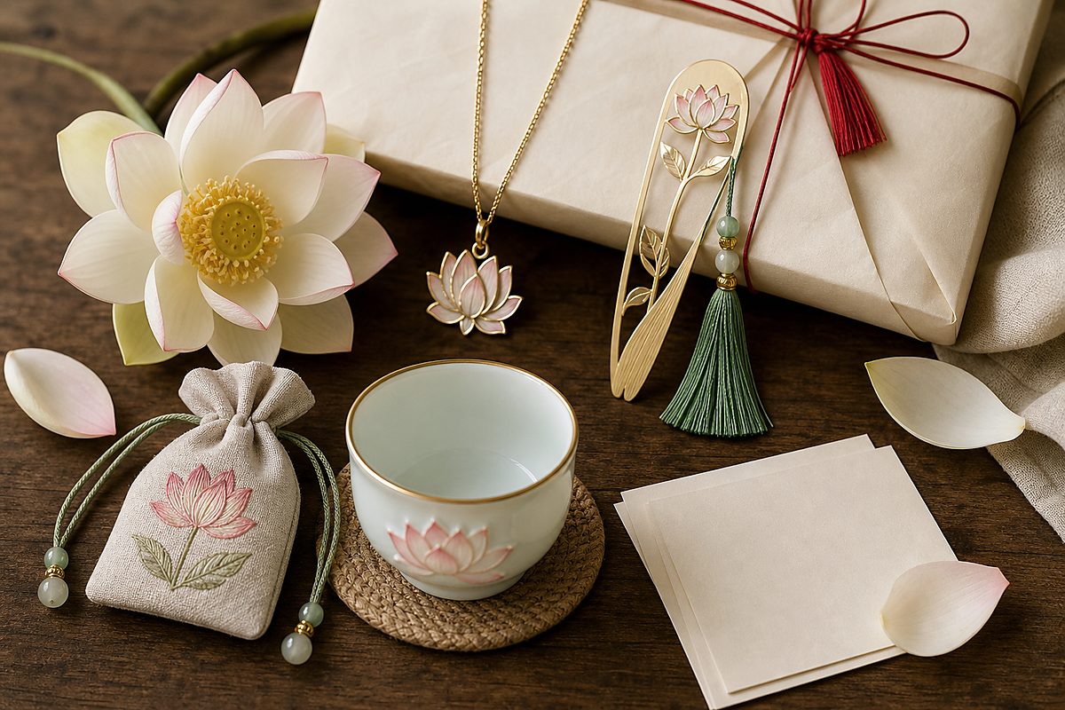 Lotus pendant, bookmark, embroidered pouch, porcelain lotus cup, fresh lotus, and blank gift cards