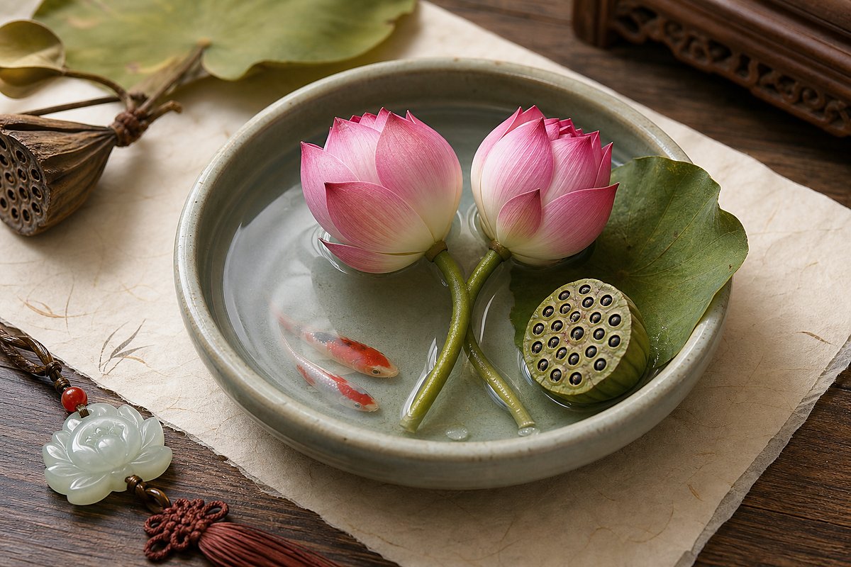 Paired lotus blossoms, lotus seed pod, small koi forms, and jade lotus charm for harmony blessing