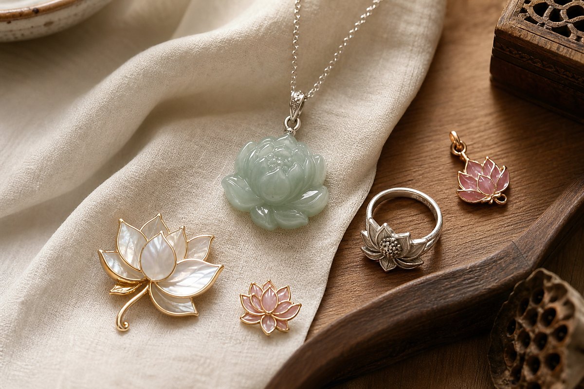 Jade lotus pendant, silver lotus ring, rose-gold lotus charm, mother-of-pearl brooch, and enamel lotus detail