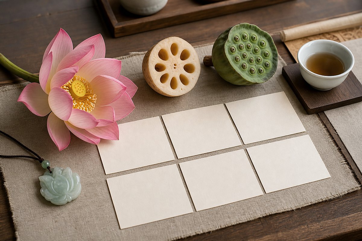 Lotus blossom, lotus root, seed pod, jade lotus pendant, and blank cards for lotus symbolism