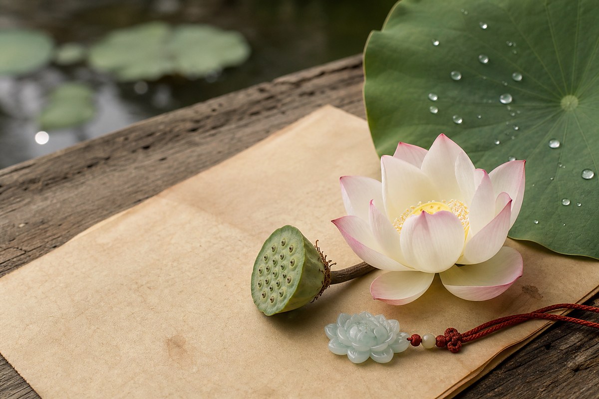 Pale lotus flower, lotus leaf, seed pod, and jade lotus pendant for lotus meaning in Chinese culture