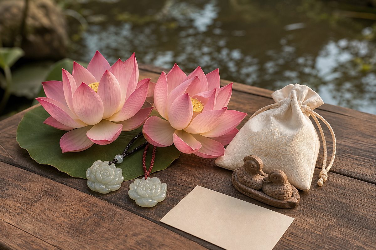 Paired lotus blossoms with two jade lotus pendants, carved duck token, cream pouch, and blank note card