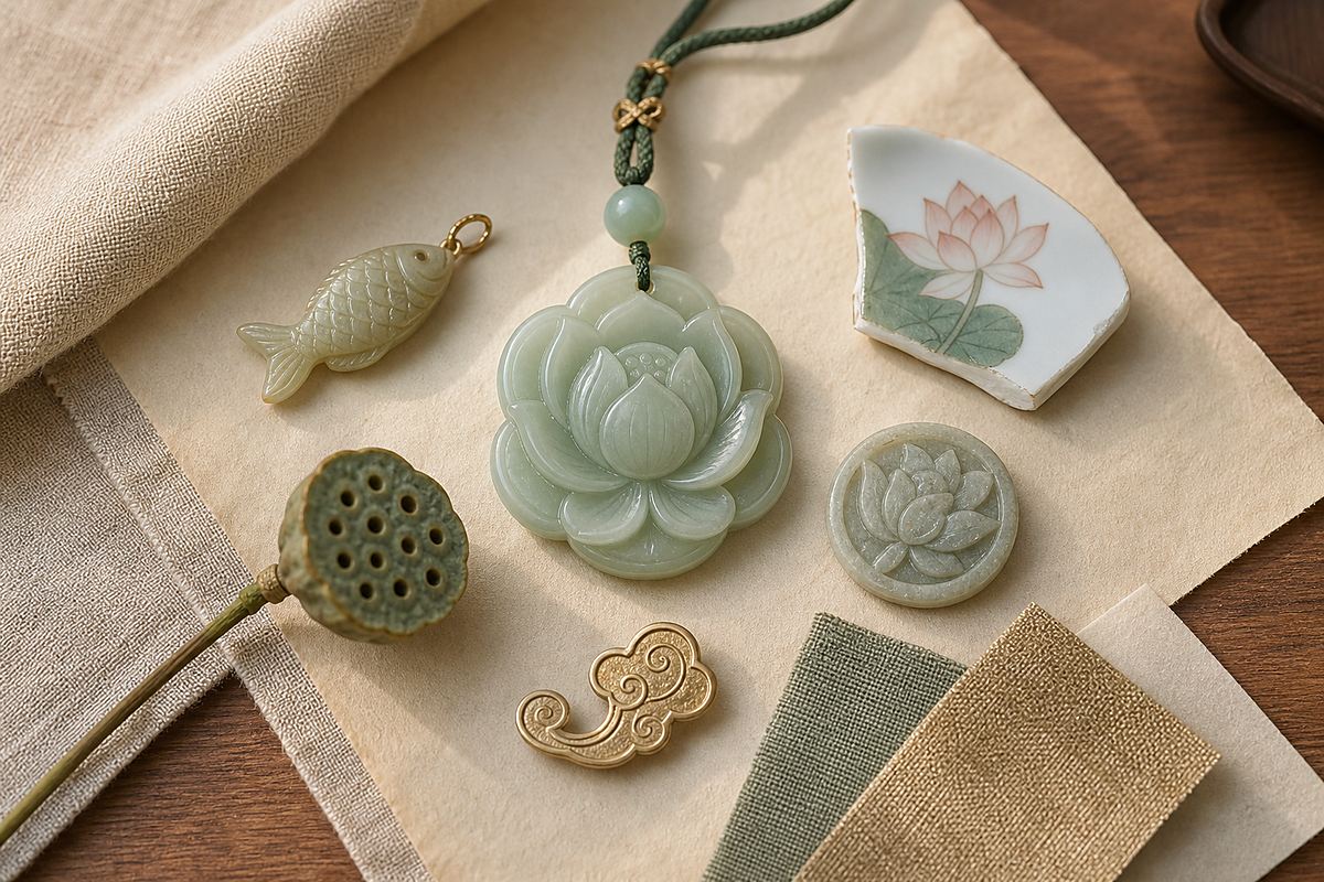 Jade lotus pendant with fish charm, seed pod, paired lotus token, ruyi cloud, porcelain, and material swatches
