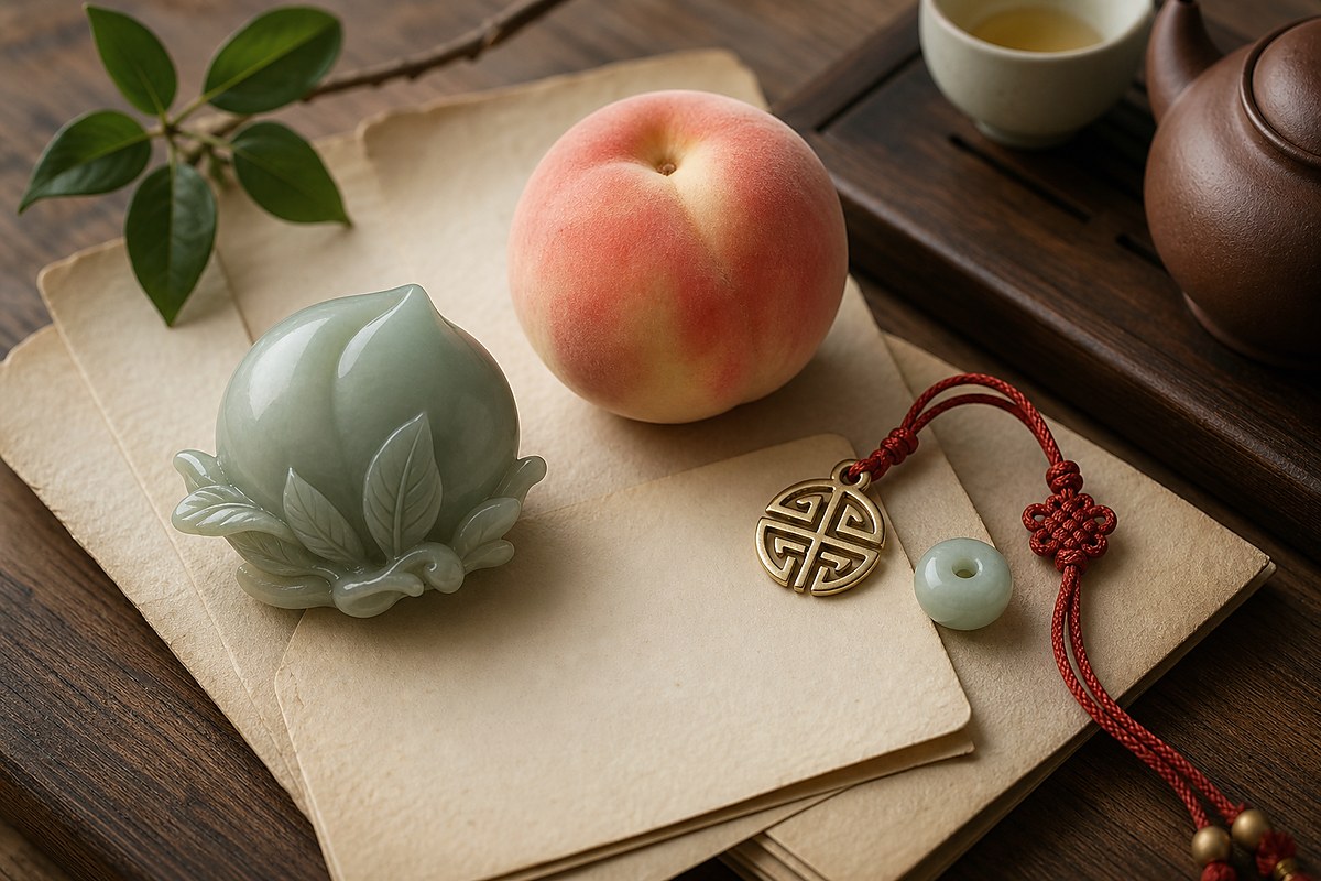 Jade peach, fresh peach, Shou charm, jade bead, and blank card for Peach of Longevity meaning