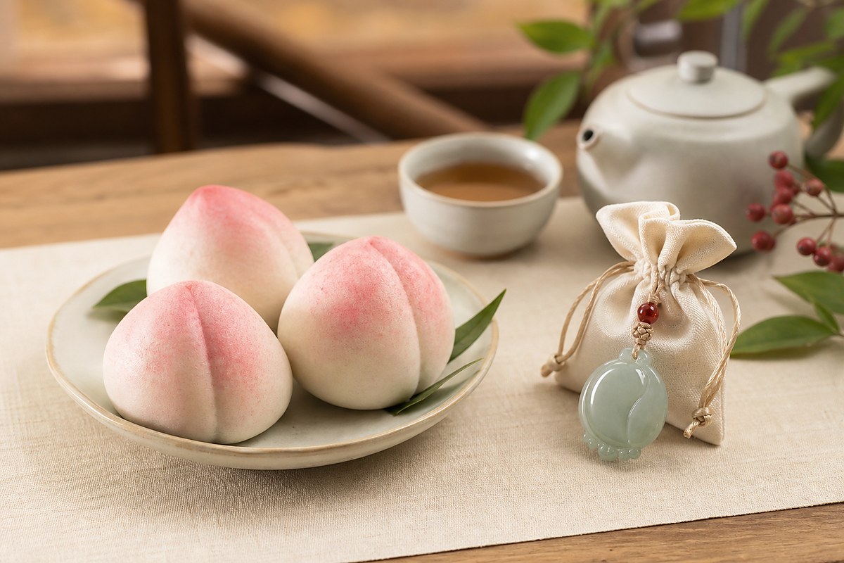 Shoutao buns, jade peach pendant, and tea ware for Chinese birthday longevity peach culture