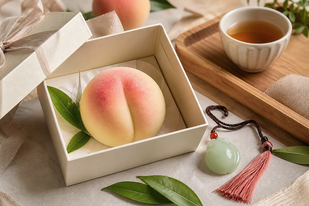 Shoutao pastry in a cream gift box with jade peach charm and peach leaves for birthday gifting