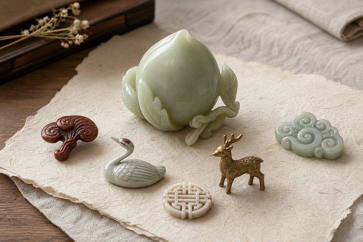 Jade peach with Lingzhi, crane, deer, cloud, and Shou charms for reading a peach motif