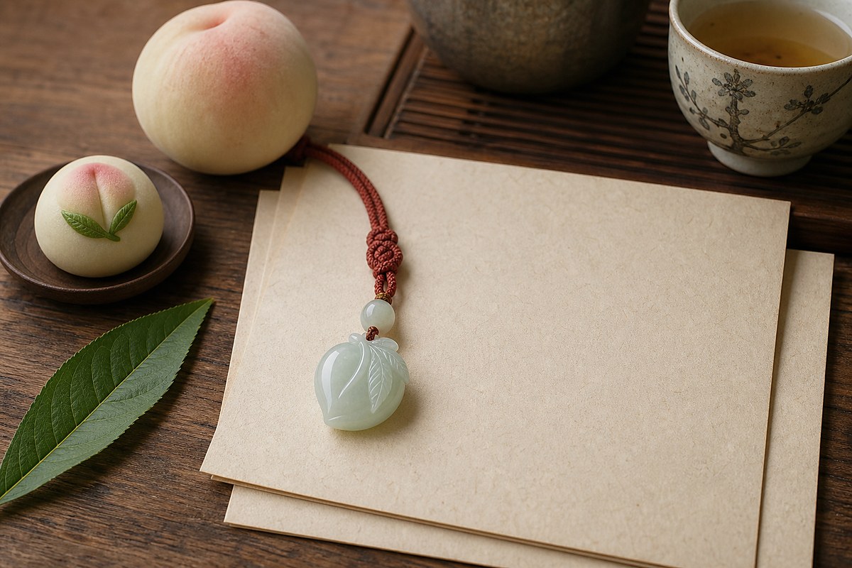 Jade peach pendant, Shoutao bun, blank cards, tea cup, and cinnabar cord for longevity peach questions