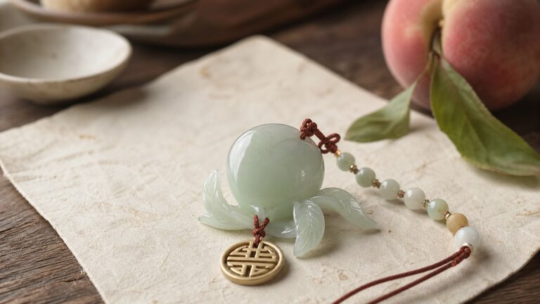 Jade longevity peach carving with Shou charm on warm paper for Peach of Longevity meaning